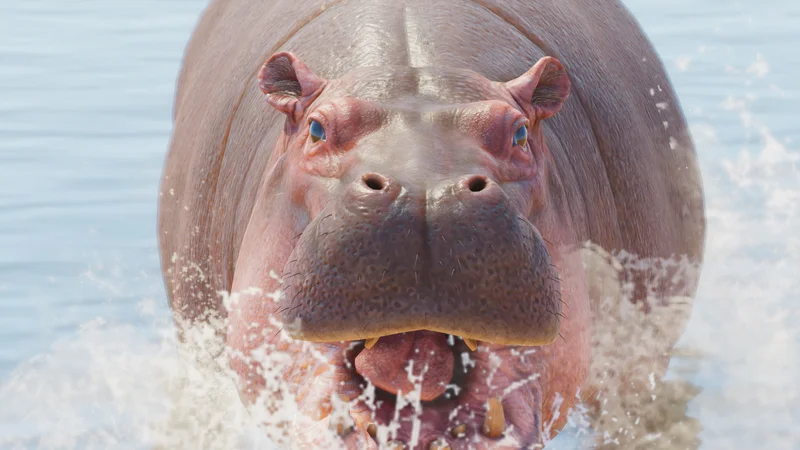 A common hippopotamus surfacing in its half-water habitat in Planet Zoo 2