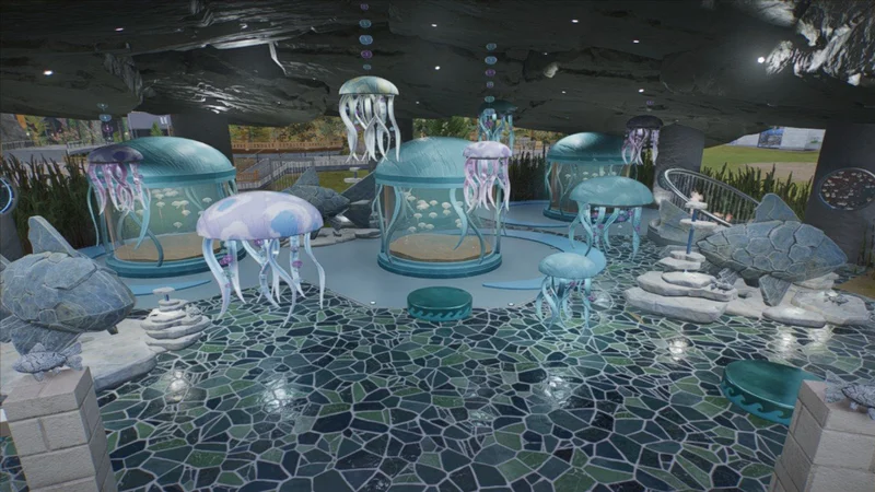 A pre-made habitat blueprint placed among themed scenery in Planet Zoo 2