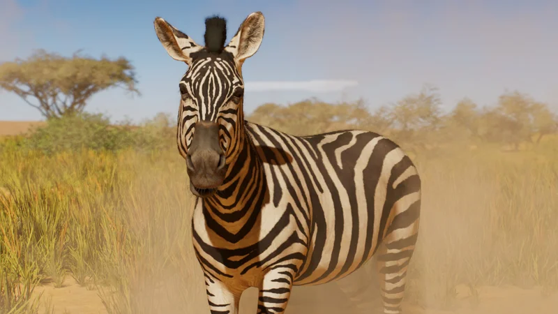 A plains zebra herd grazing in a mixed savanna habitat in Planet Zoo 2