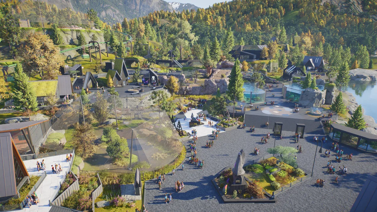A mountain valley zoo with habitats terraced across the landscape